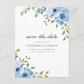 Elegant Blauw Bloemengroen Sla de datum op Aankondigingskaart (Voorkant)