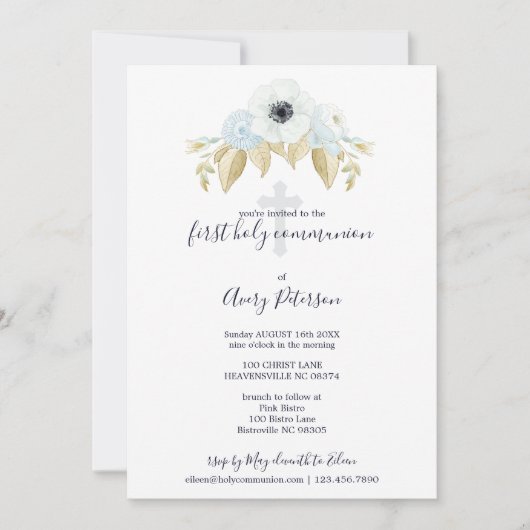 Elegant blauw bloemenkruis Eerste Heilige Communie Kaart (Voorkant)