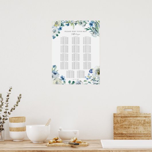 Elegant Blauw Bloemenlente Bruiloft Zitkaart Poster (Keuken)