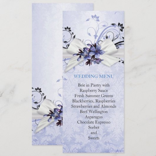 Elegant Blauw Bloemenlint Damast Bruiloft Menu (Voorkant / Achterkant)