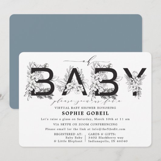 Elegant blauw bloemenvirtueel Baby shower Kaart (Voorkant / Achterkant)