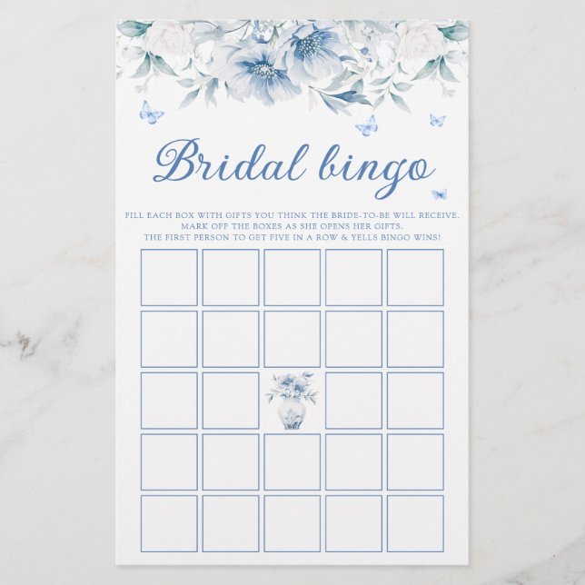 Elegant Blauw Bloemig Bruidsdouche Bingo Spel (Voorkant)