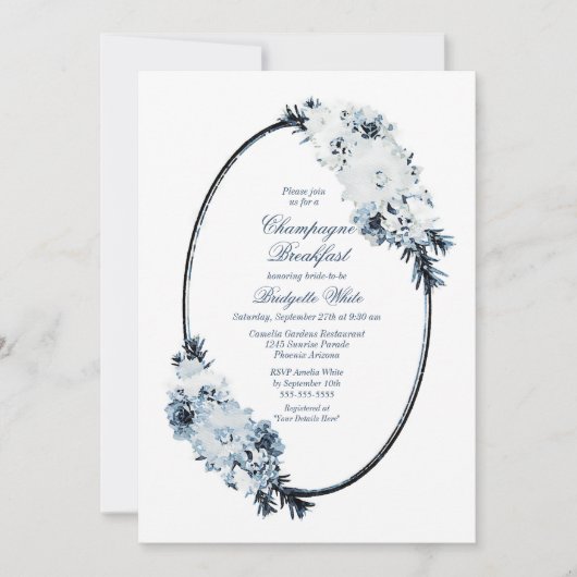 Elegant blauw bloemig champagne-ontbijt kaart (Voorkant)