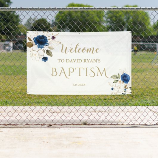 Elegant Blauw Bloemig Gouden Jongens Doop Welkom B Spandoek (Insitu)