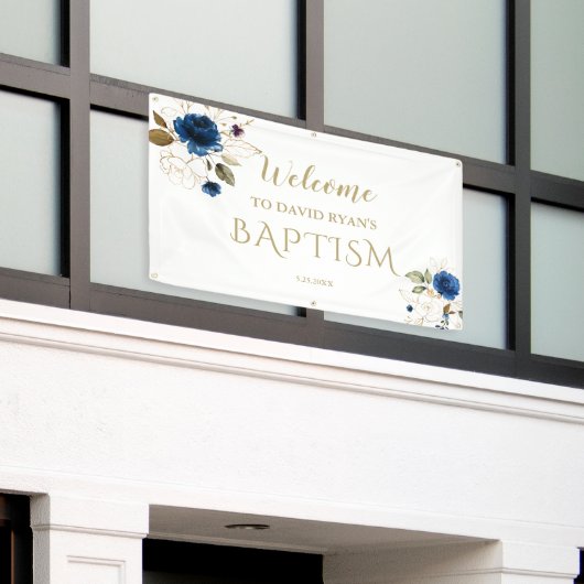 Elegant Blauw Bloemig Gouden Jongens Doop Welkom B Spandoek (Buitenkant Gebouw)