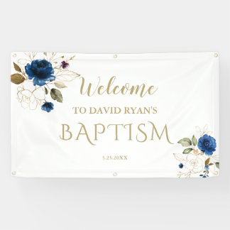 Elegant Blauw Bloemig Gouden Jongens Doop Welkom B Spandoek