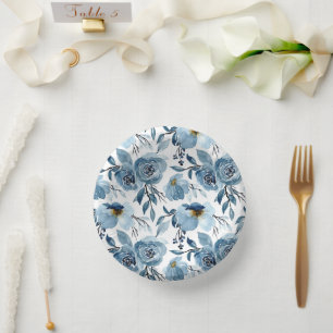 Elegant Blauw Bloemig Loof en Witte Feest Papieren Kommen