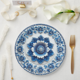 Elegant Blauw Bloemmotief Aardewerk Geïnspireerd Papieren Bordje