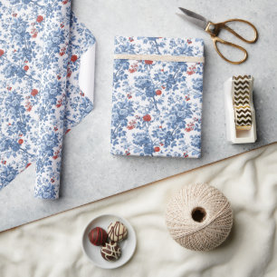 Elegant Blauw Bloemmotief Botanisch Cadeaupapier