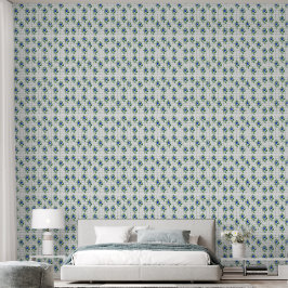 Elegant Blauw Bloemmotief Grid Behang – Botanisch