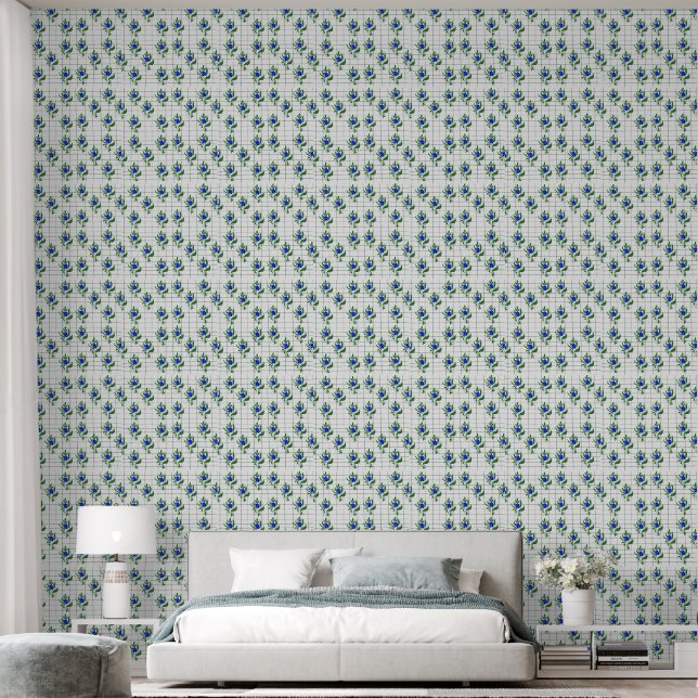 Elegant Blauw Bloemmotief Grid Behang – Botanisch  (Slaapkamer)