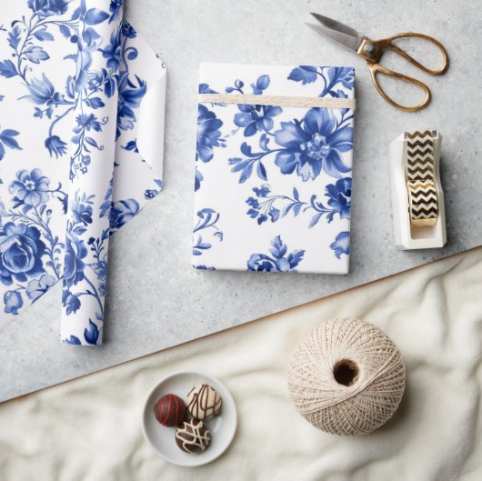 Elegant Blauw Bloemmotief Inpakpapier (Crafts)