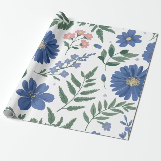 Elegant blauw bloemmotief met fris groen cadeaupapier (Uitgerold)
