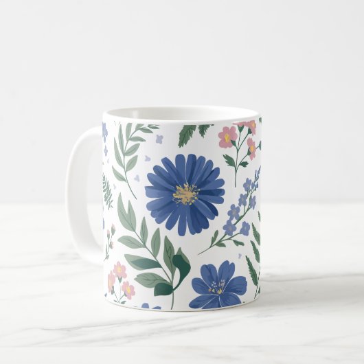 Elegant blauw bloemmotief met fris groen koffiemok (Voorkant links)