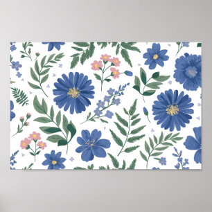 Elegant blauw bloemmotief met fris groen poster