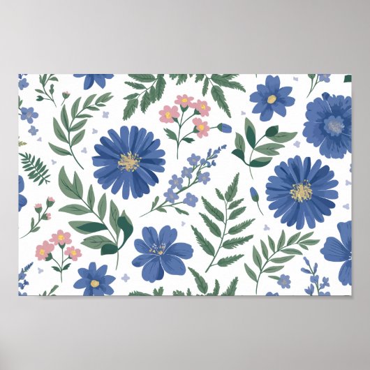 Elegant blauw bloemmotief met fris groen poster (Voorkant)
