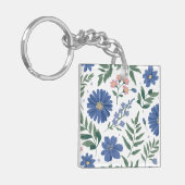 Elegant blauw bloemmotief met fris groen sleutelhanger (Voorkant Links)