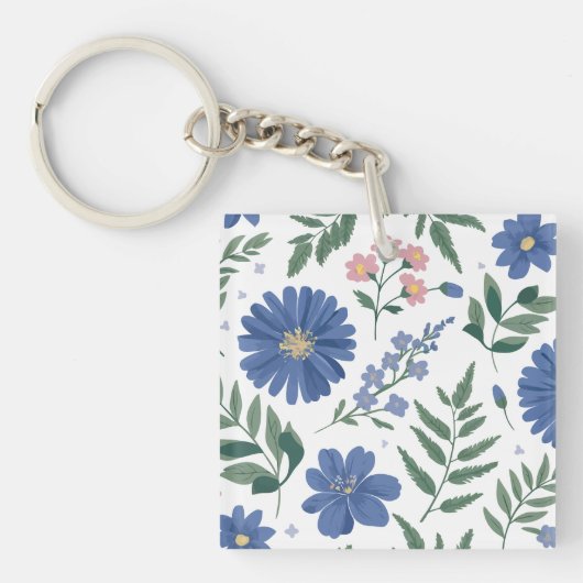Elegant blauw bloemmotief met fris groen sleutelhanger (Voorkant)