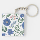 Elegant blauw bloemmotief met fris groen sleutelhanger (Achterkant)