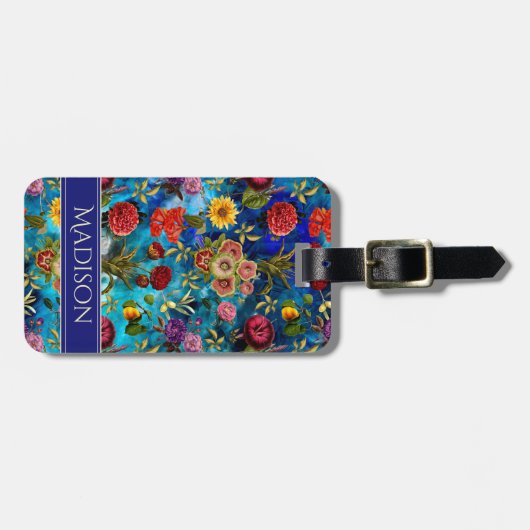 Elegant blauw bloemmotief monogram Notitieboek Bagagelabel (Voorkant horizontaal)