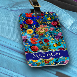 Elegant blauw bloemmotief monogram Notitieboek Bagagelabel