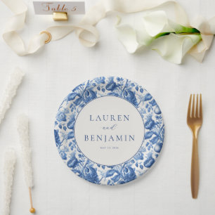 Elegant Blauw Bloemmotief Papieren Bordje