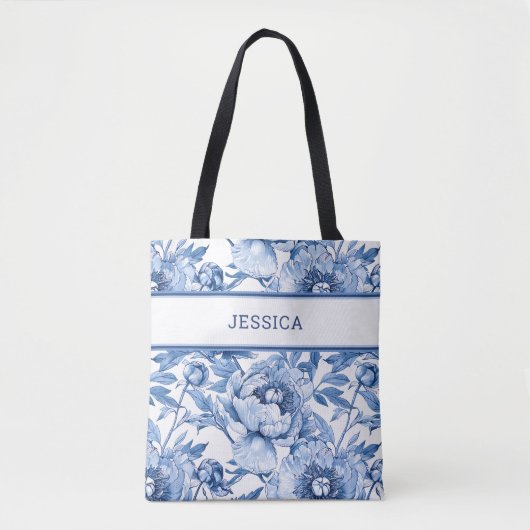 Elegant blauw bloemmotief Schattigee botanische bl Tote Bag (Voorkant)