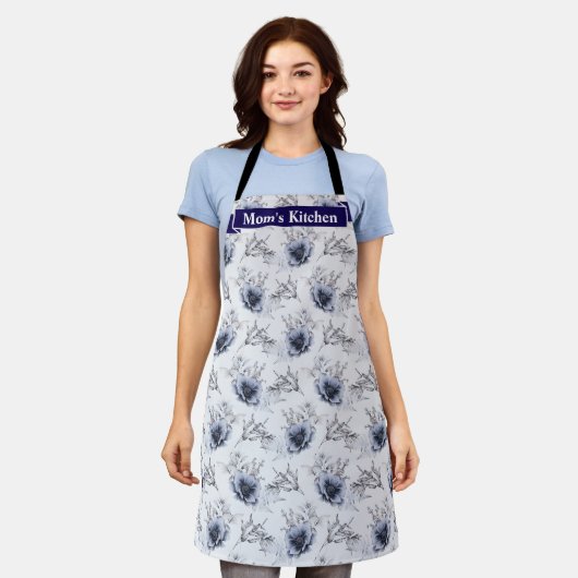 Elegant Blauw Bloemmotief Schort (Gedragen)