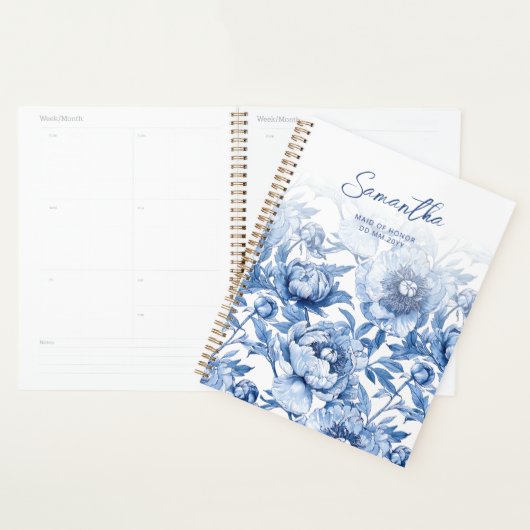 Elegant Blauw Bloemmotief Script Getuige Planner (Display)