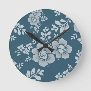 Elegant Blauw Bloemmotief Vintage Ronde Klok