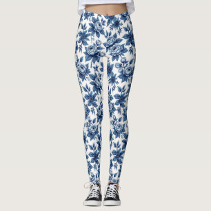 Elegant Blauw Bloempatroon  pioenen Leggings