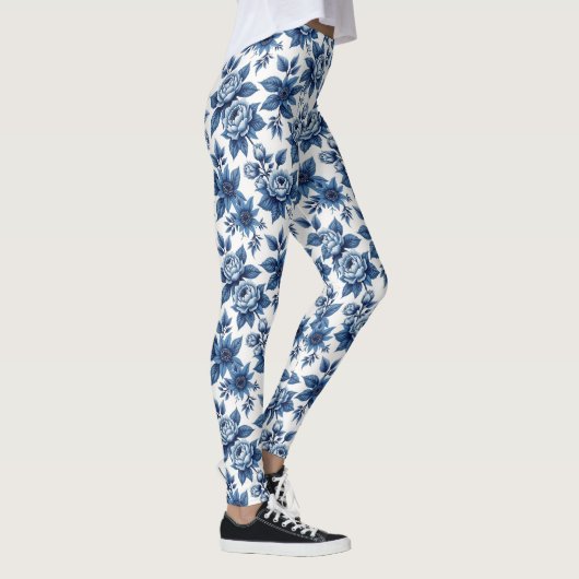 Elegant Blauw Bloempatroon  pioenen Leggings (Rechts)