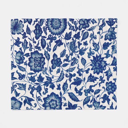 Elegant Blauw Bloempatroon – Zachte Fleece Deken (Voorkant (Horizontaal))
