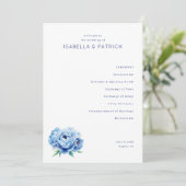 Elegant Blauw Bloemstuk Bruiloft Ceremonie Program Programmakaart (Staand voorkant)