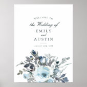 Elegant Blauw Bloemstuk Groene Huwelijks Welkomstb Poster (Voorkant)