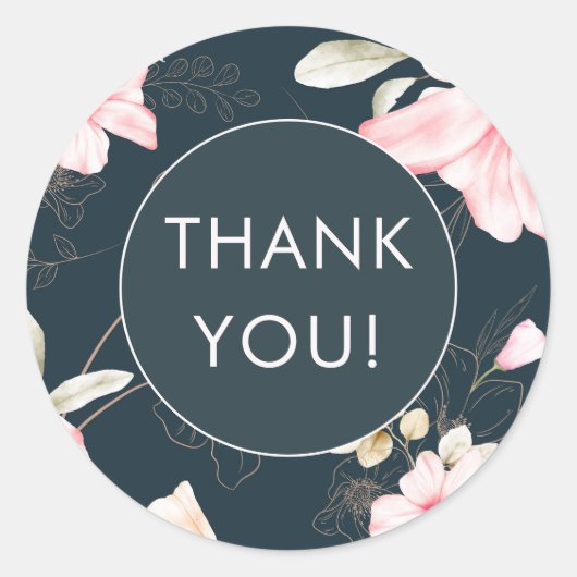 Elegant Blauw Blush Bloemen Patroon Dank u Ronde Sticker (Voorkant)