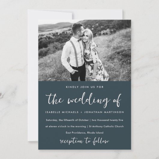 Elegant Blauw Blush Bloemen Patroon Foto Bruiloft Kaart (Voorkant)