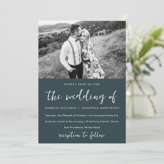 Elegant Blauw Blush Bloemen Patroon Foto Bruiloft Kaart (Staand voorkant)