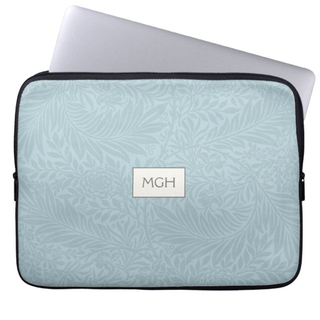 Elegant Blauw Boho Botanisch Patroon Monogram Laptop Sleeve (Voorkant)
