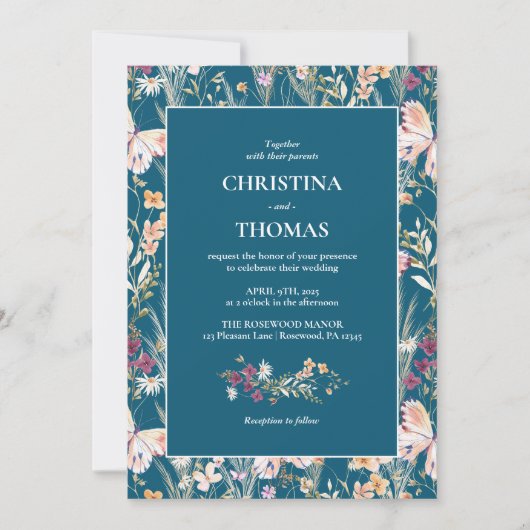 Elegant Blauw Boho Wildbloemen Bruiloft Kaart (Voorkant)