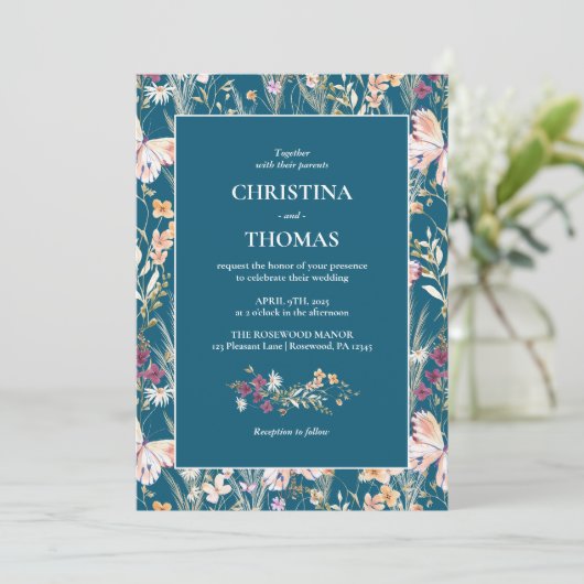 Elegant Blauw Boho Wildbloemen Bruiloft Kaart (Staand voorkant)