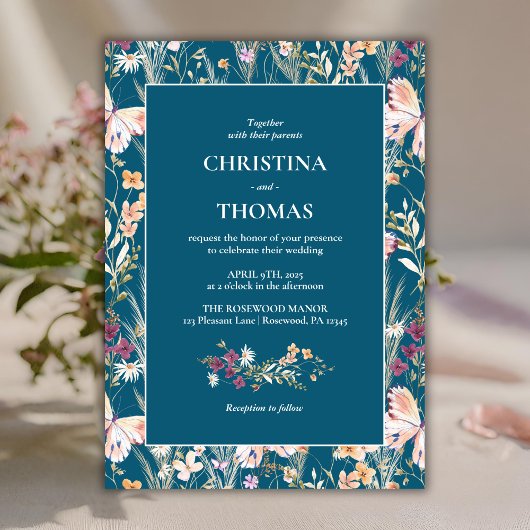 Elegant Blauw Boho Wildbloemen Bruiloft Kaart