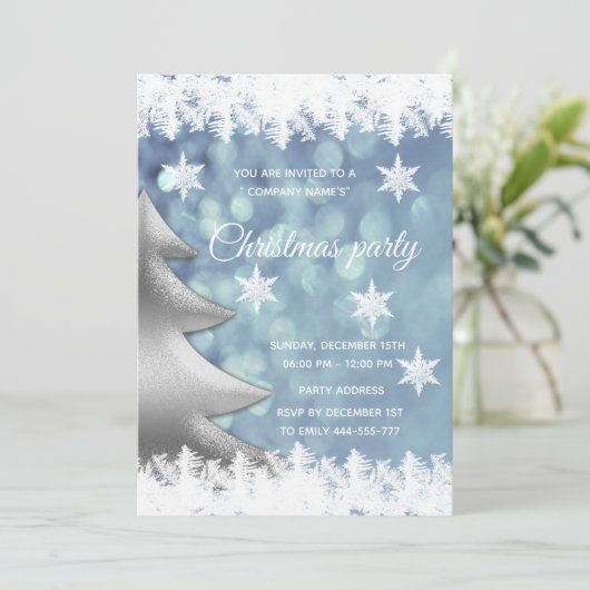 Elegant blauw bokeh kerstboom bedrijfsfeest kaart (Staand voorkant)