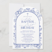 Elegant Blauw Botanisch Heilig Doopsel & 1e Verjaa Kaart (Voorkant)