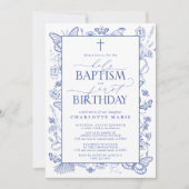 Elegant Blauw Botanisch Heilig Doopsel & 1e Verjaa Kaart (Voorkant)