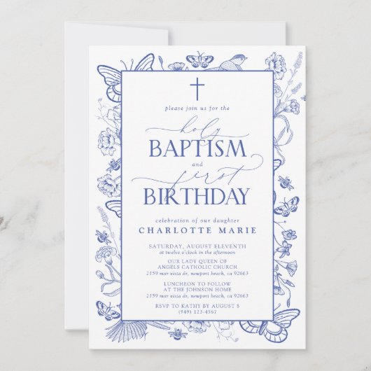 Elegant Blauw Botanisch Heilig Doopsel & 1e Verjaa Kaart (Voorkant)