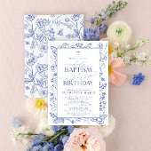 Elegant Blauw Botanisch Heilig Doopsel & 1e Verjaa Kaart