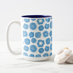 Elegant Blauw Botanisch Patroon Tweekleurige Koffiemok