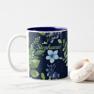 Elegant Blauw Botanische Waterverf Bloemenpatroon Tweekleurige Koffiemok