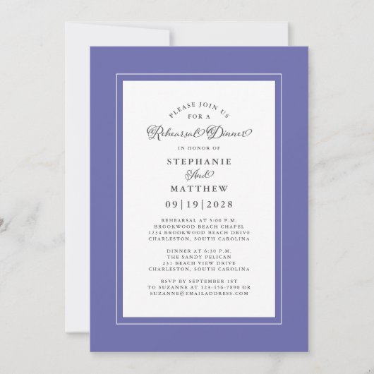 Elegant Blauw Bruiloftsrepetie Diner Kaart (Voorkant)
